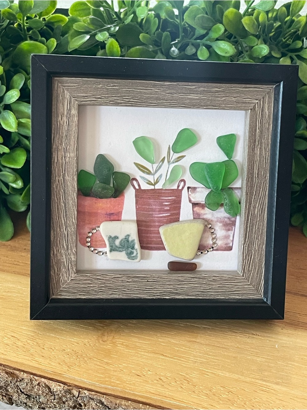Framed Seaglass Plant Art and Coffee - Green & Brown